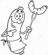 Sausage Cartoon Mascot Outlined Character Fork Stock Hittoon Depositphotos Happy sketch template