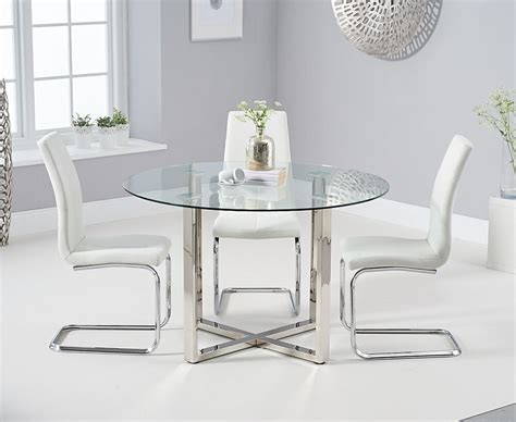 Round Glass Chrome Dining Table And 4 White Chairs Homegenies