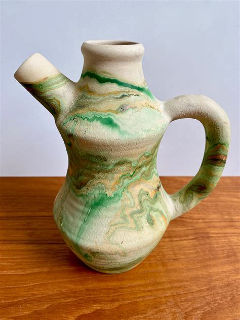 Vintage Nemadji Pottery Pitcher Green Marbled Ceramic Vessel Etsy