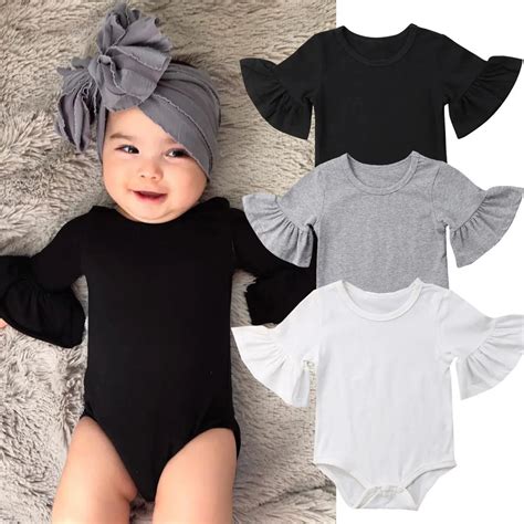 newborn infant baby girl clothes plain cotton  sleeve ruffled romper jumpsuit sunsuit
