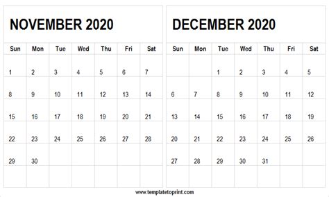 Monthly Calendar 2020 November December Printable