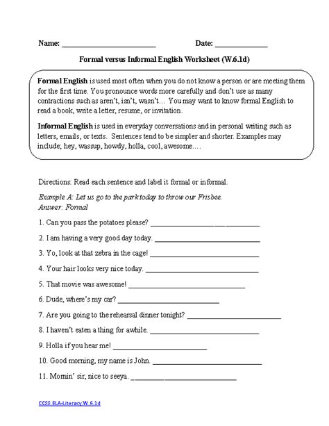 6th Grade English Worksheet –