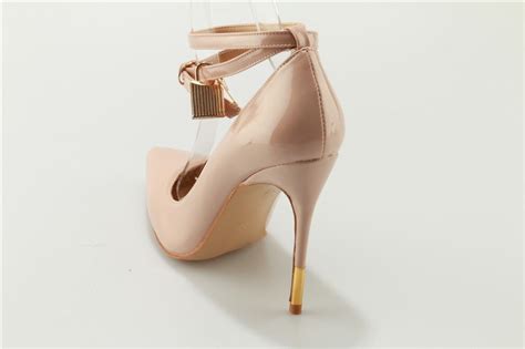 Sexy Design Pointed Toe Nude Patent Leather Lock Pumps Ankle Two Straps
