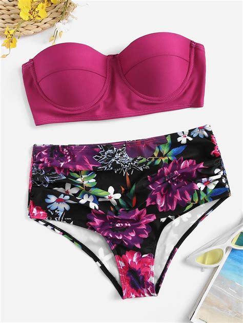Lace Up Bustier Bandeau With Random Floral Panty Bikini Set Swimwear
