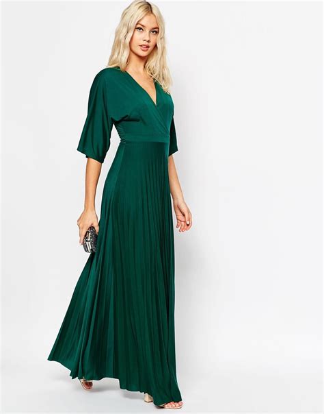 asos maxi dress  pleated hem  kimono sleeve  green lyst