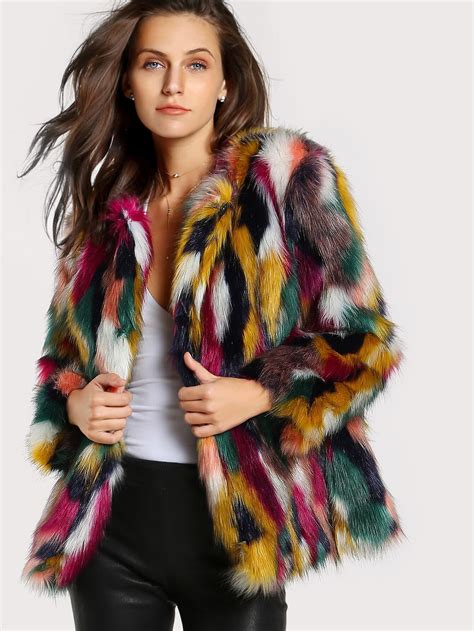 colorful faux fur coat sheinsheinside