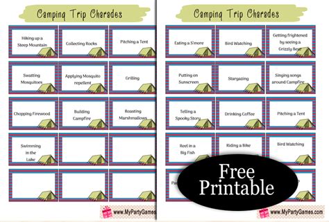 printable camping trip charades  pictionary cards