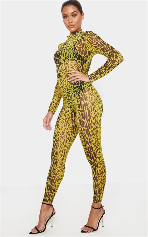 yellow leopard print mesh jumpsuit prettylittlething