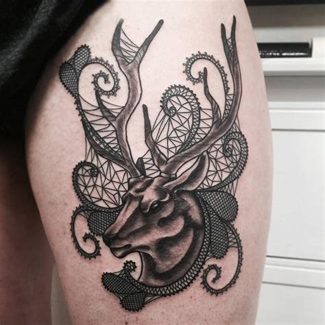 Lace Deer Tattoo On The Left Thigh