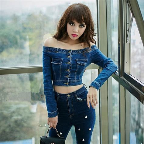 vetevidi blue jeans jacket women 2017 spring japanese style sexy off shoulder long sleeve