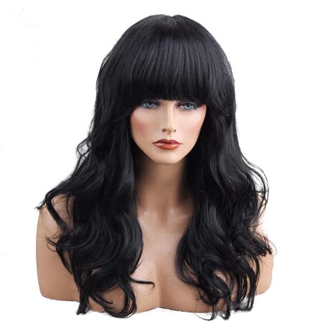 esin   long blend natural hair wig long body wave black wigs  bangs  white women