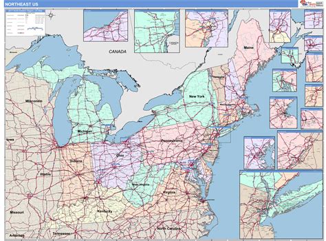 northeast regional wall map color cast style  marketmaps mapsales