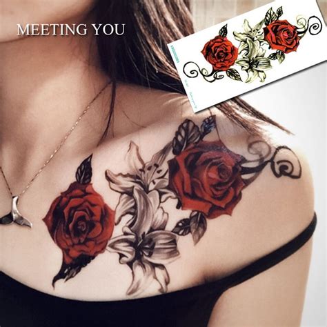 1pc Have Two Roses And Lilies Tatoo On The Chest Woman S Sexy Temporary
