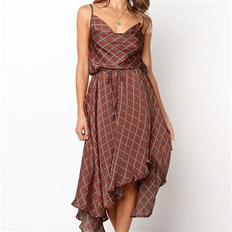 sleeveless plaid dress with strap design and v neck