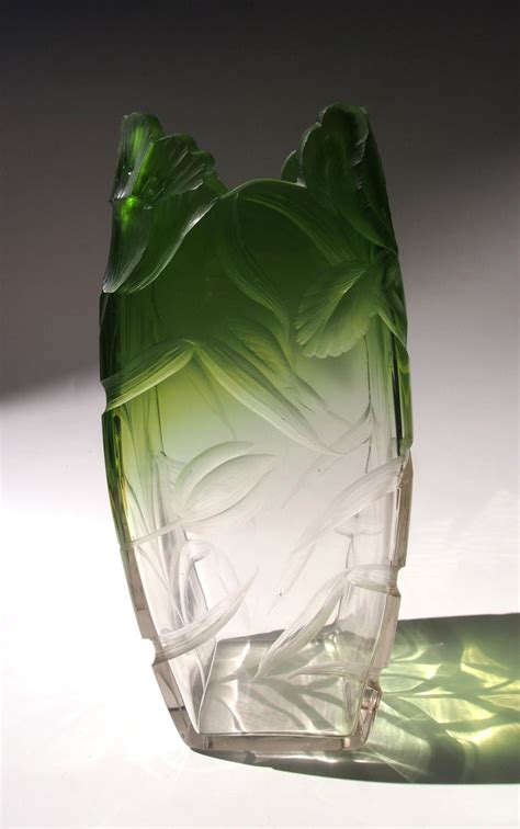 Large Art Nouveau Moser Green To Clear Intaglio Cut Vase At 1stdibs