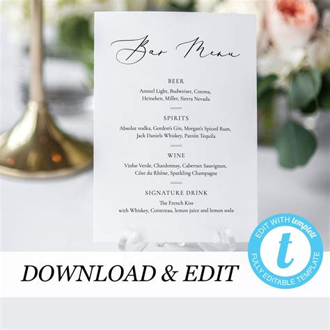 printable wedding bar menu template bar sign bar menu etsy wedding