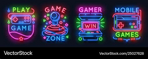 neon game signs retro video games night light vector image