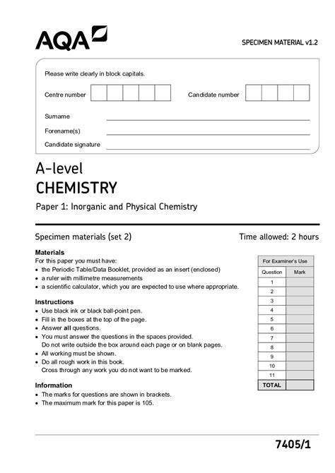 aqa  level chemistry paper  inorganic physical chemistrypaper qp