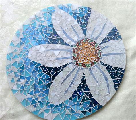 Mosaic Lazy Susan Daisy On Shades Of Aqua And Blue 15 1 4 Inch Ooak