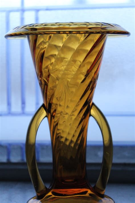 Vintage Art Deco Amber Glass Vase Double Handles And Etched Design