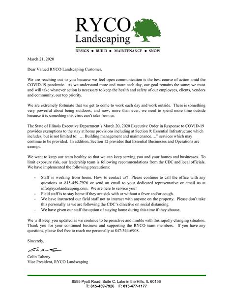 covid  letter ryco landscaping