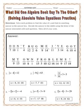 solving absolute  equations practice riddle worksheet tpt