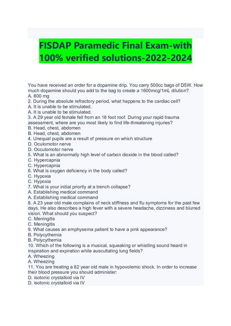 Fisdap Paramedic Final Exam With 100 Verified Solutions 2022 2024