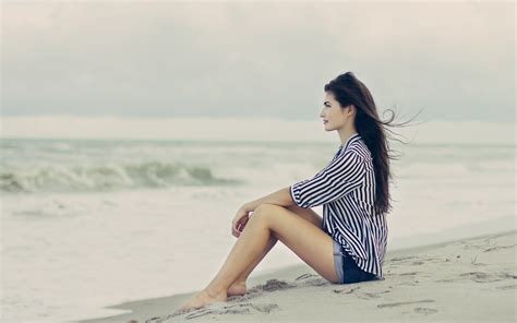 Wallpaper Brunette Girl Sitting Beach Sand Wind 2560x1600 Hd Picture