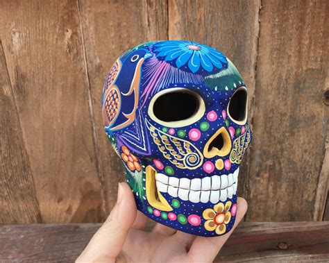 vintage  tall hand painted ceramic skull sculpture mexican folk art