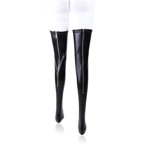Sexy Black Leather Female Stockings Erotic Back Zipper Women Thigh High