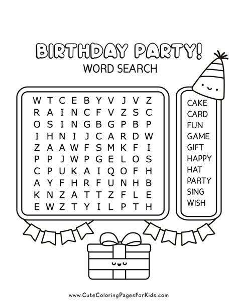 birthday party word search cute coloring pages  kids