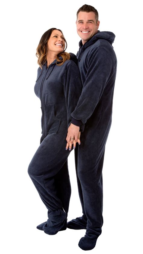 Navy Blue Hooded Plush Adult Mens Footed Pajamas Sleeper W Drop Seat