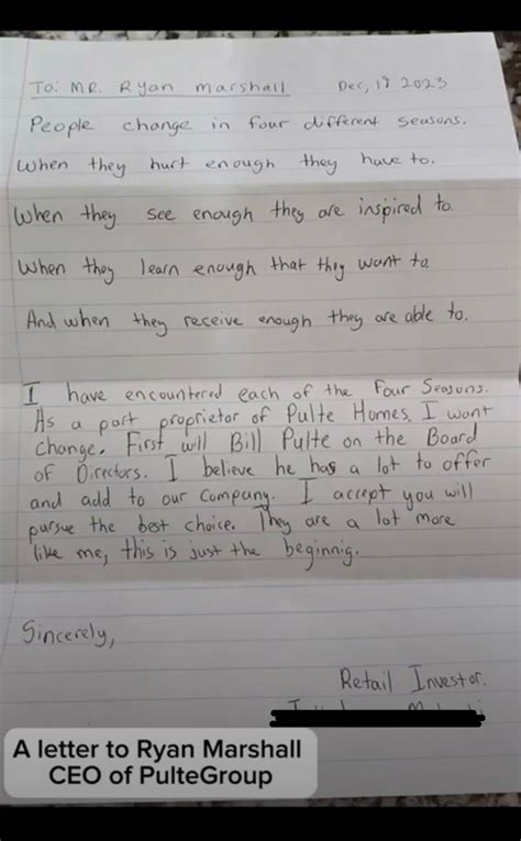 A Hand Delivered Letter To Ryan Marshall At Pultegroup Hq From Someone