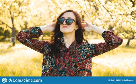 smiling summer woman with sunglasses stock image image of garden