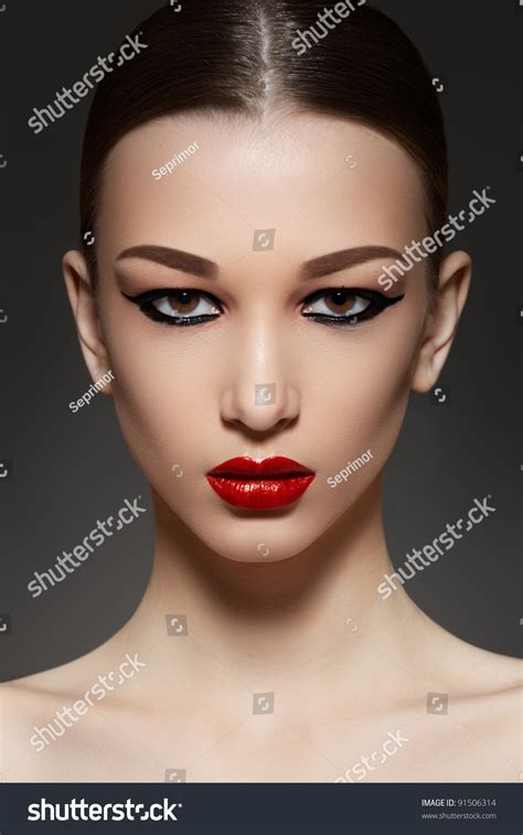 Sexy Woman Model With Face Bright Red Lips Makeup Strong Eyebrows