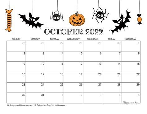 october  calendar  printable  holidays