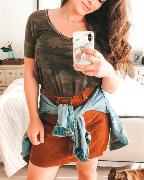 Cute Fall Outfit For Warm Weather Camo V Neck Tee Corduroy Skirt