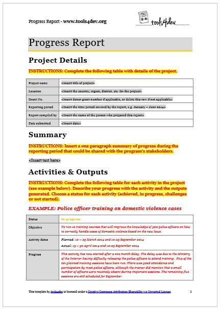 progress report template toolsdev