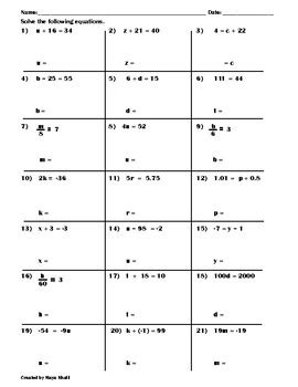 solving  step equations practice worksheet  maya khalil tpt