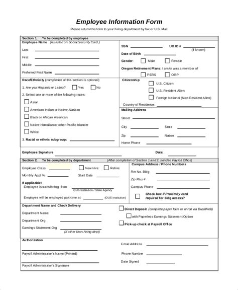 sample employee information forms   ms word