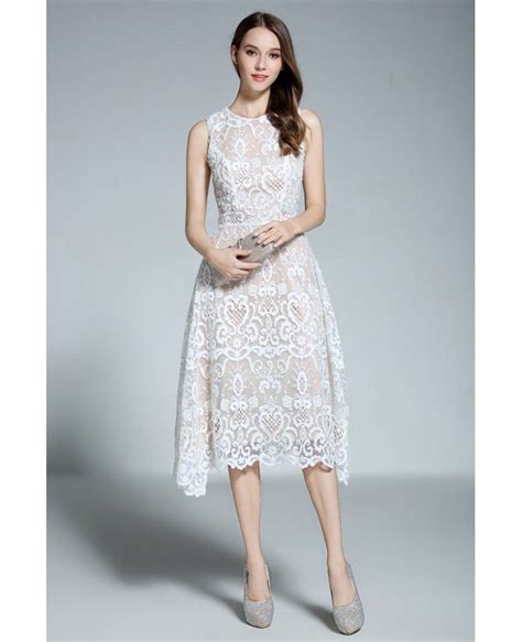 a line scoop neck white lace sleeveless knee length formal dress