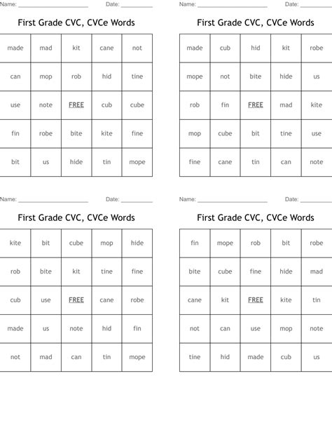 cvc  cvce words bingo cards wordmint