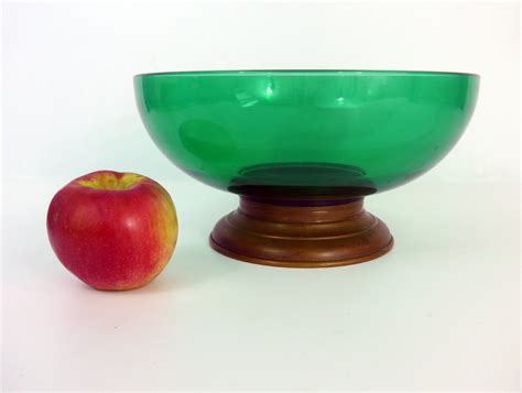 Vintage Green Glass Bowl Brass Pedestal Base Large