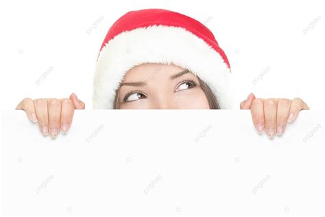 Gadis Santa Mengintip Dari Papan Tanda Ruang Tangan Orang Foto Latar