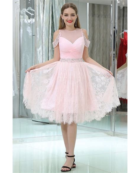 Girls Short Pink Lace Beaded Prom Dress With Off Shoulder