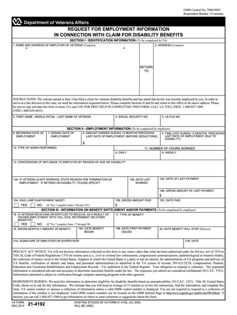 Va 21 4192 2004 Fill And Sign Printable Template Online Us Legal Forms