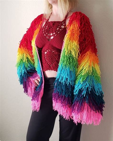 rainbow fringe festival jacket crochet bohemian shaggy