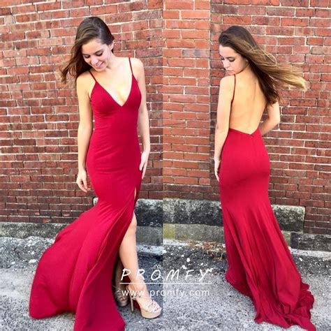backless red jersey simple and sexy deep v neck side slit