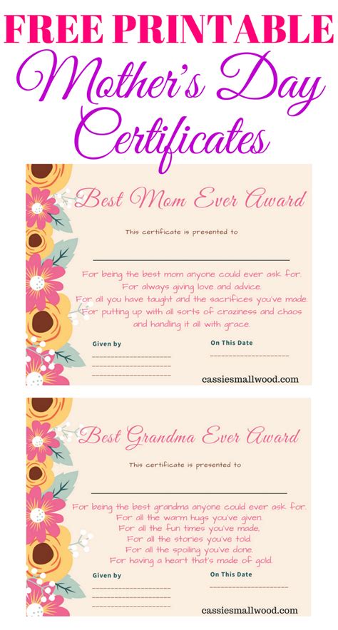 mothers day printable certificate awards  mom  grandma