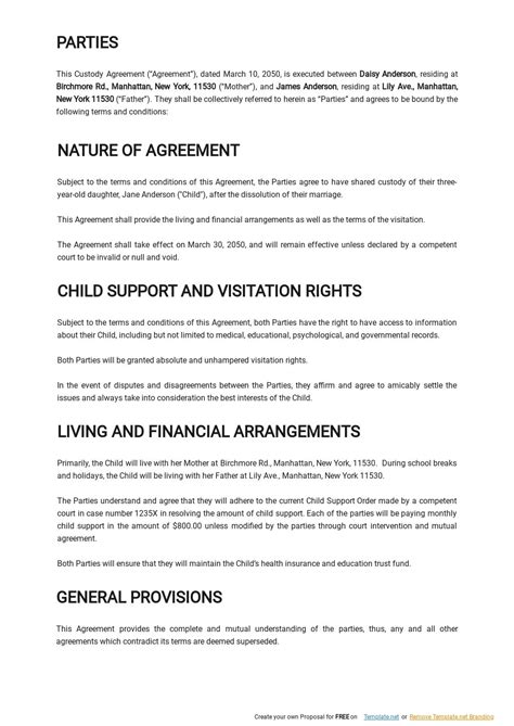 sample custody agreement template google docs word apple pages